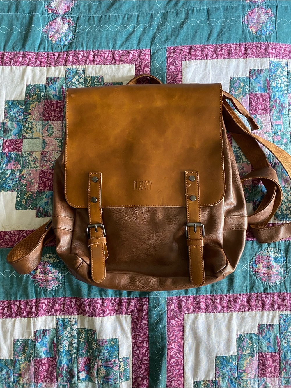Men's Tan Leather Backpack with Front Buckle Flap